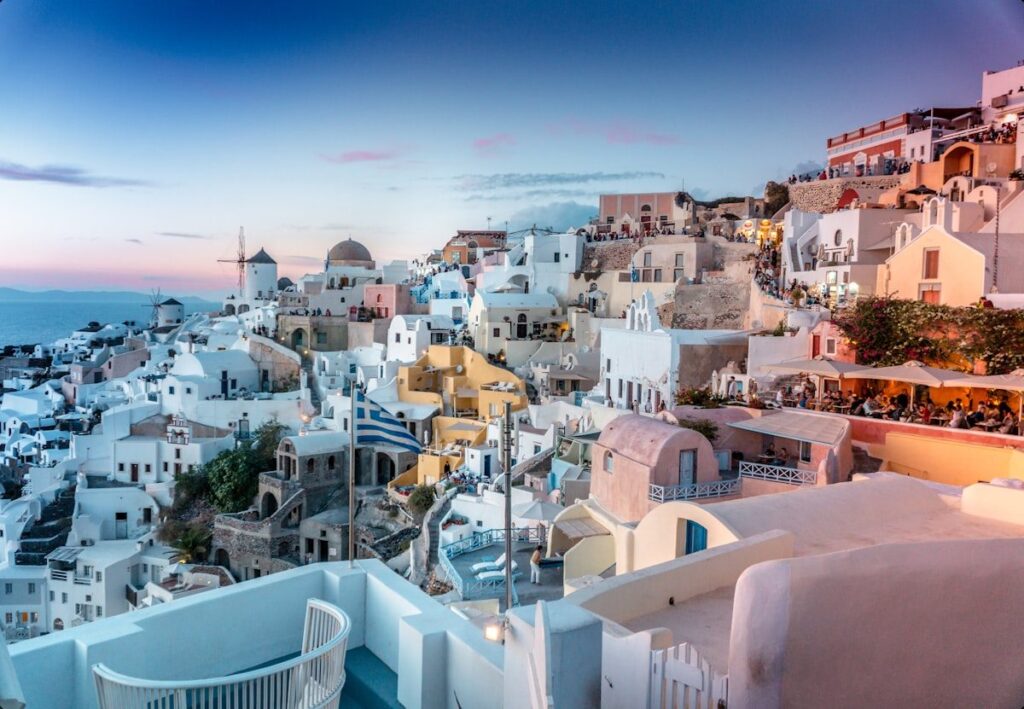 Fira town and the caldera of Santorini at golden hour
